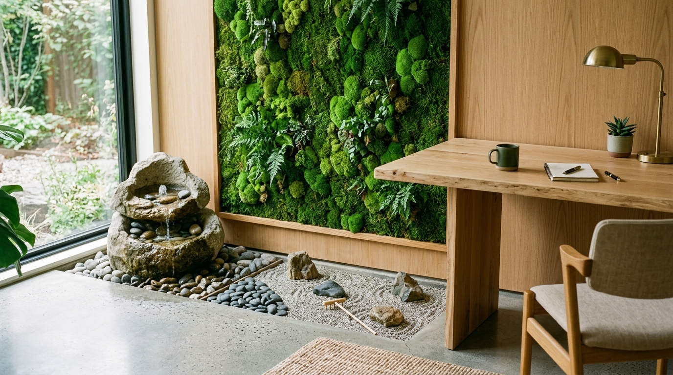 Oak desk beside a moss wall, small stone fountain, and raked gravel garden next to a garden window