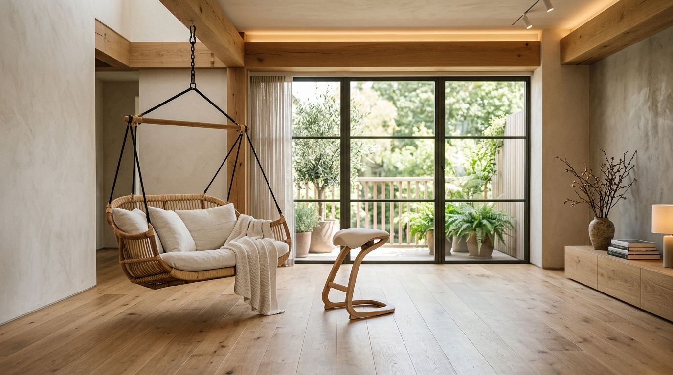 Rattan hanging chair and wooden perch stool in a bright oak-floored room facing a garden window