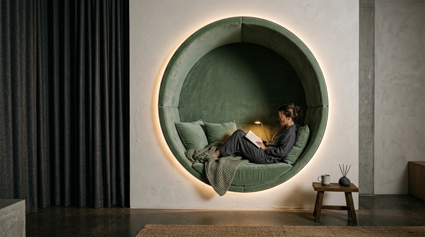 Person reading in a round green upholstered wall pod lit by a soft halo of warm light