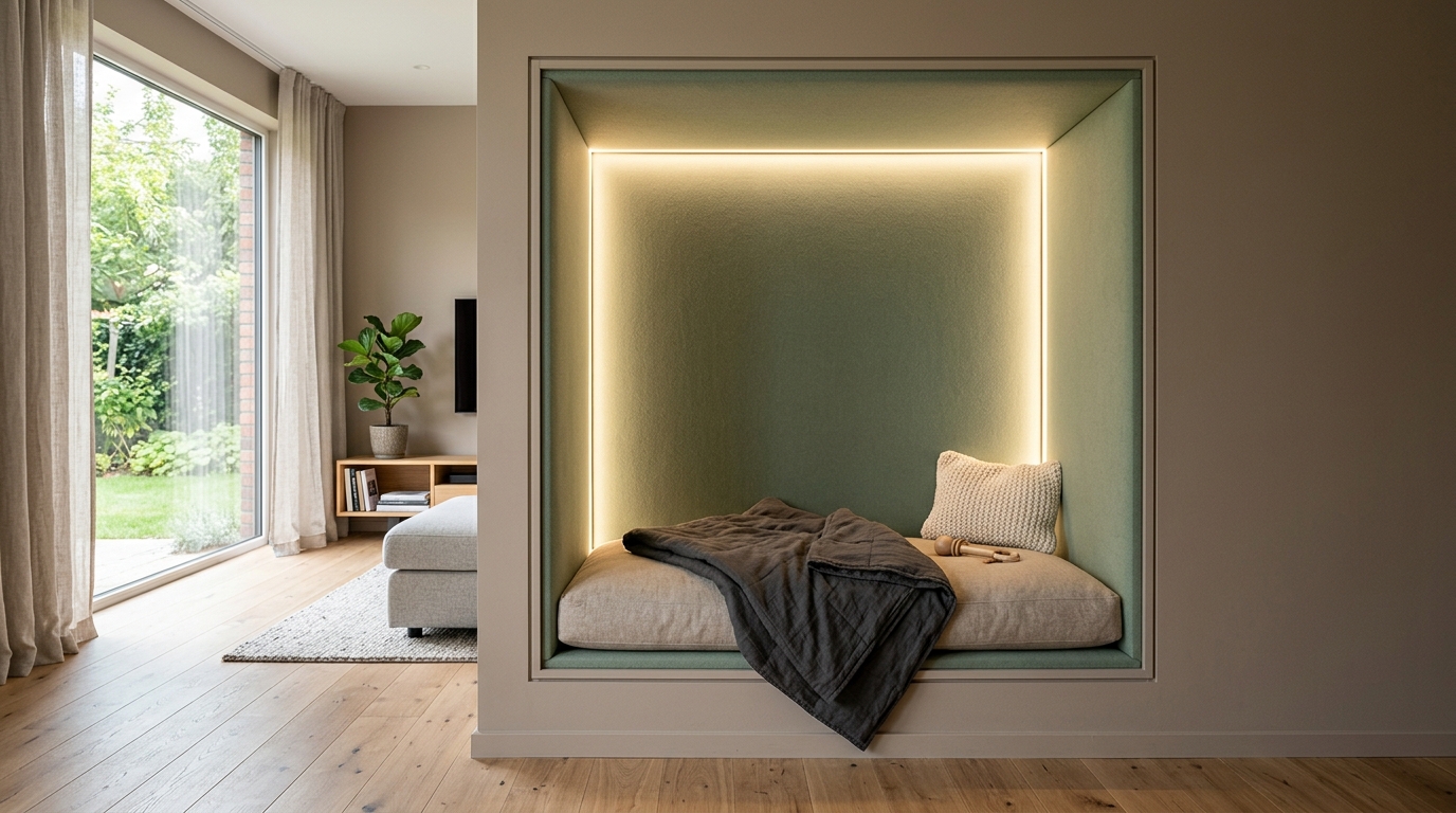 Sage-green upholstered wall nook with a linen cushion, grey blanket, and warm hidden strip lighting