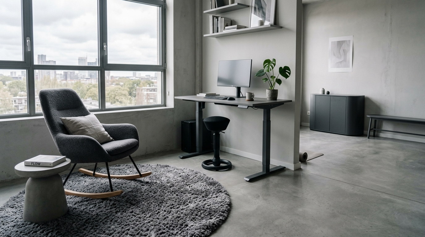 Grey monochrome apartment corner with a standing desk, wobble stool, boucle rocking chair, and shaggy round rug