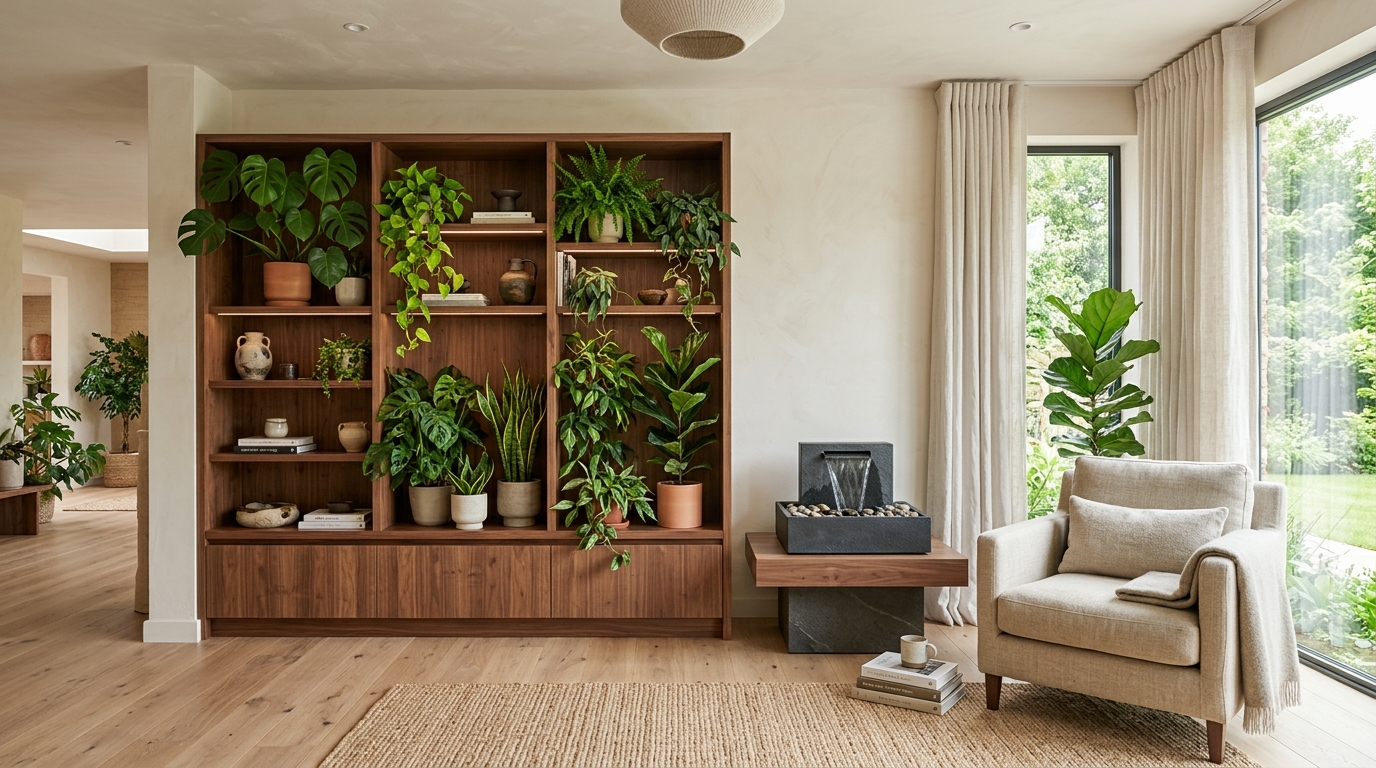 Walnut shelving unit filled with houseplants beside a small dark stone water feature and a linen armchair