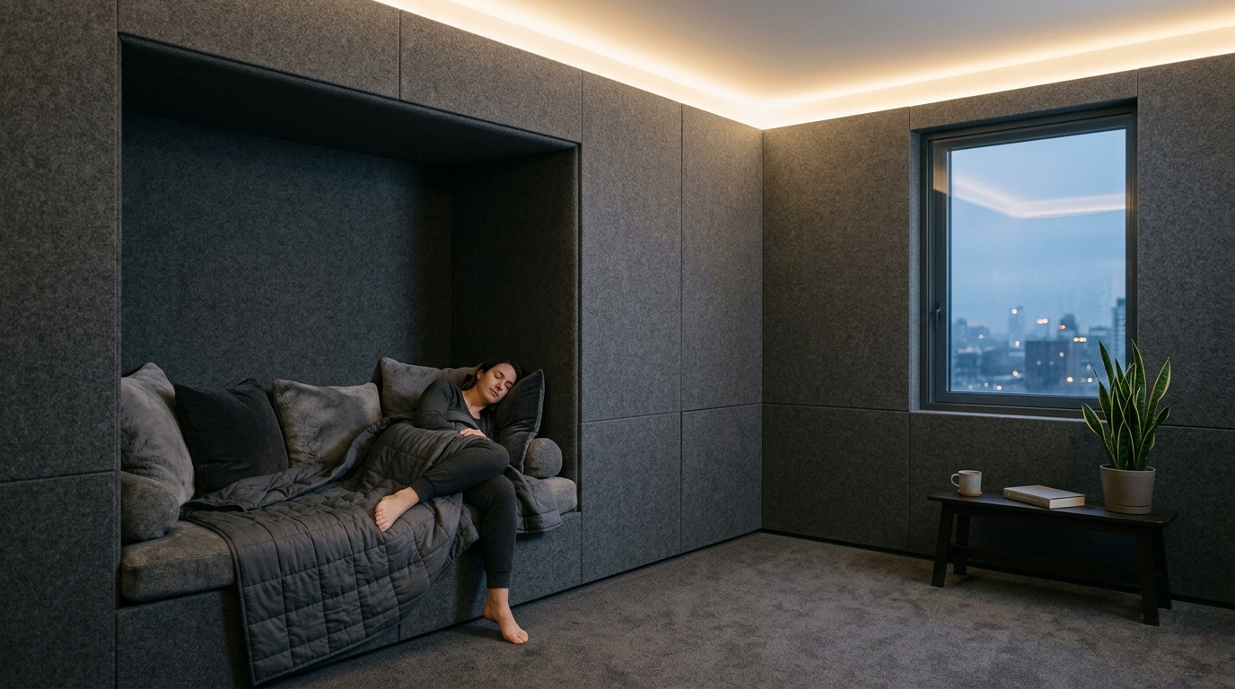 Person resting under a weighted blanket in a felt-panelled dark grey room with warm cove lighting and a city window