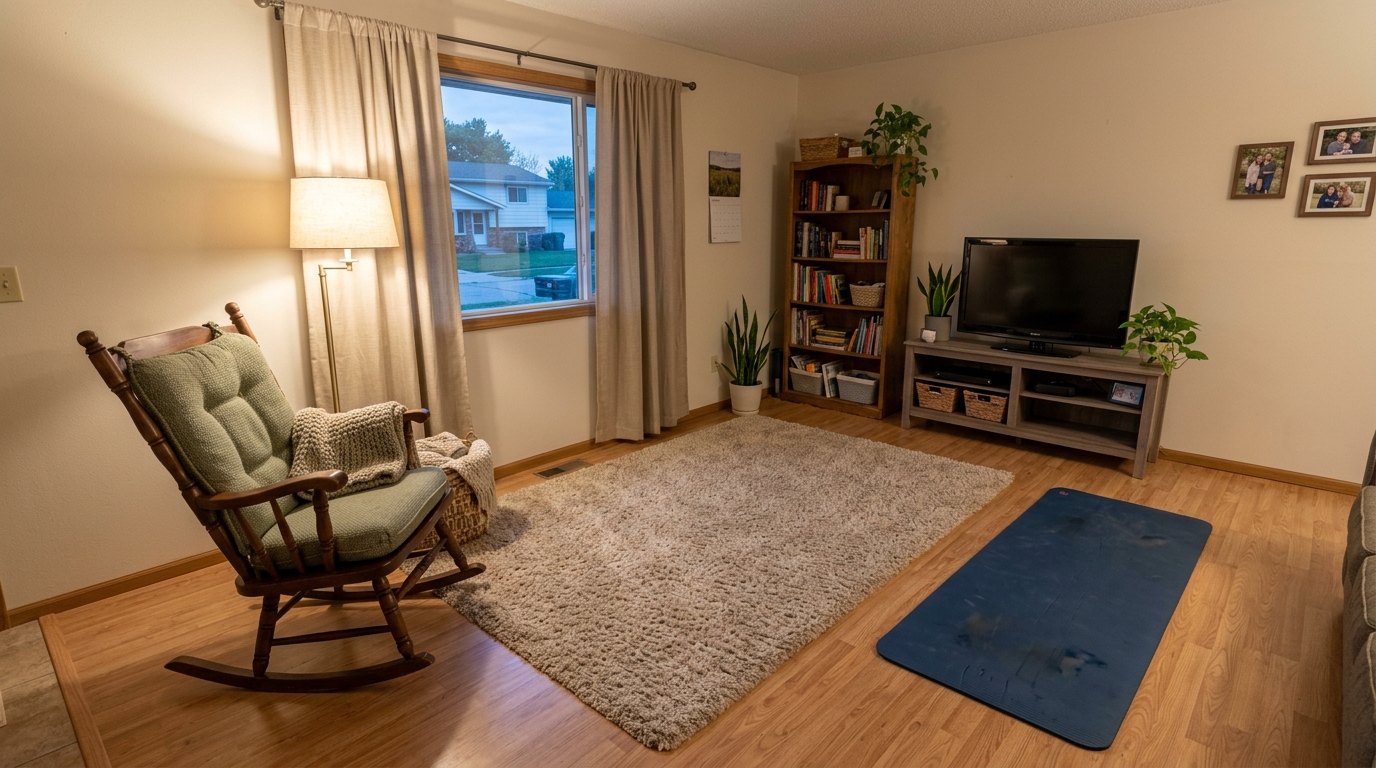 Ordinary living room with a rocking chair, floor lamp, soft rug, bookcase, and yoga mat rolled out on the floor