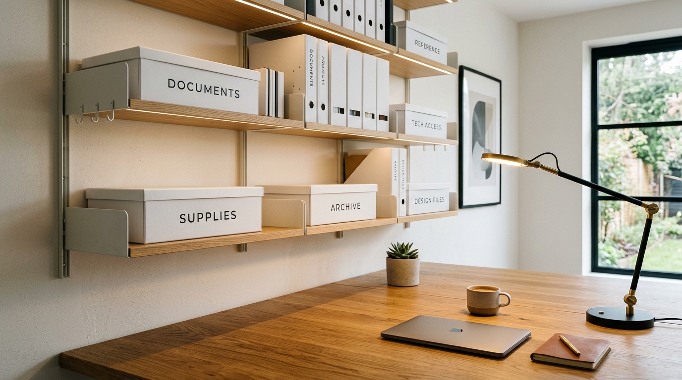 Labelled document, supplies, and archive boxes on warm oak wall shelves above a wooden desk with a task lamp