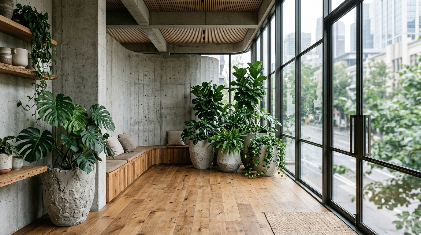 Concrete and timber corridor with a built-in bench, potted monstera and fig plants, and floor-to-ceiling windows